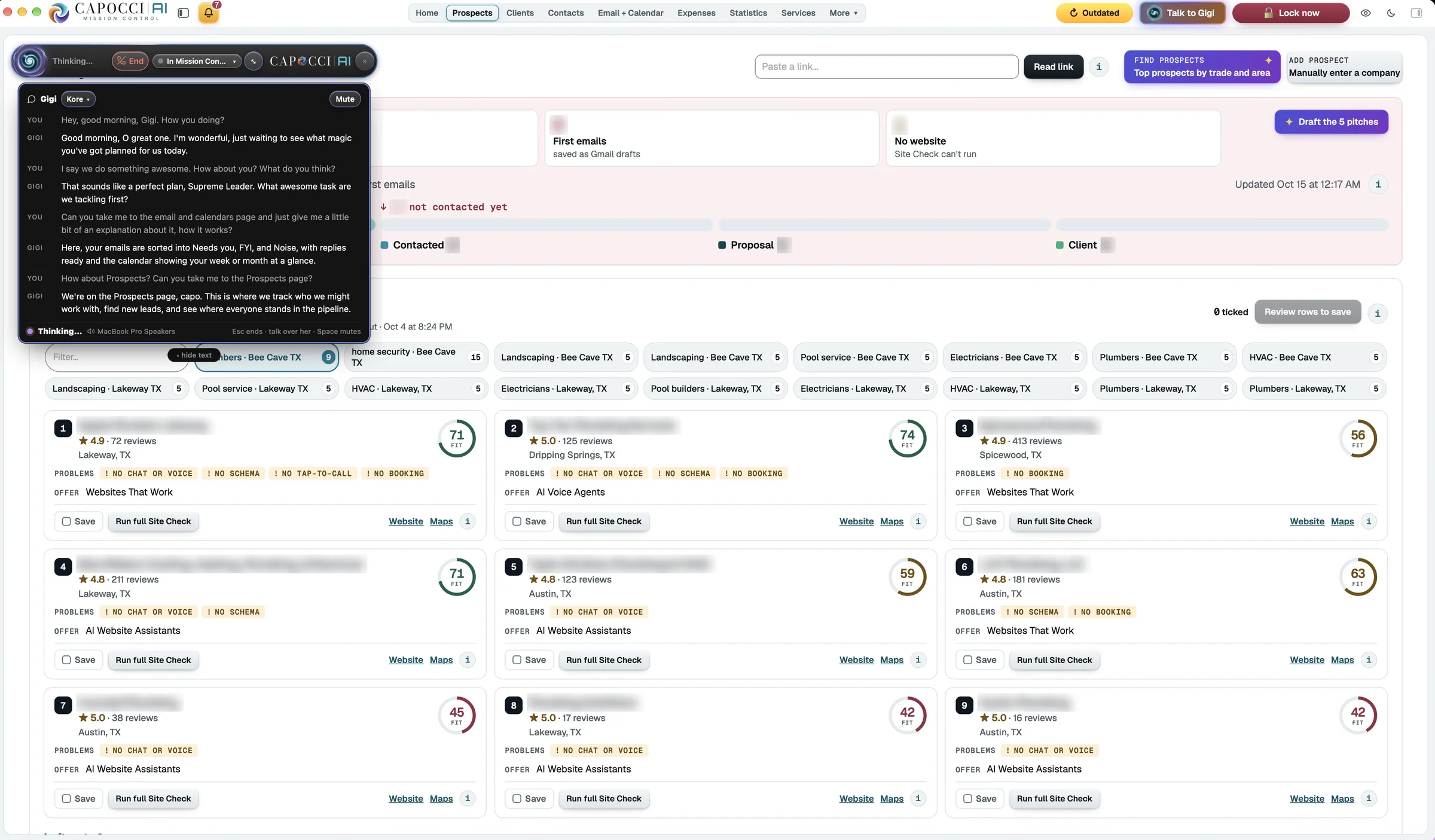 Mission Control, the dashboard we run our own business on, with its voice assistant open on the Prospects page: asked to open Email and Calendar and then Prospects, it does, and explains each one. Business names are blurred.