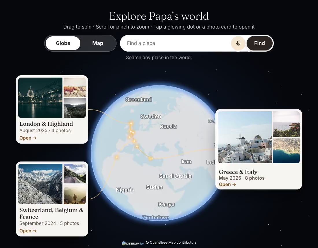 A family travel journal with sample photos and data: a 3D globe of the places visited, a batch of photos sorted into places, and a place page with a voice note and a short guide checked against Wikipedia