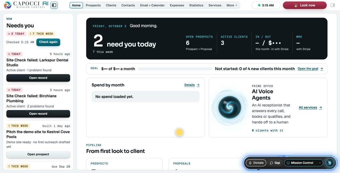 Mission Control with sample data: in a scripted demo, our voice assistant opens Prospects and points at Find prospects, a prospect search runs, then she sums up a prospect's Site Check