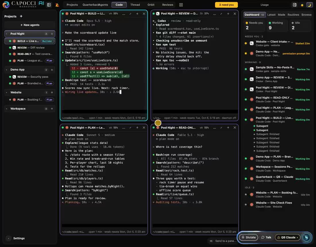 Capocci Workspace with sample sessions: agents working side by side, the Reviews and Projects views, then, in a scripted demo, our voice assistant opens Reviews and sends a request into a session